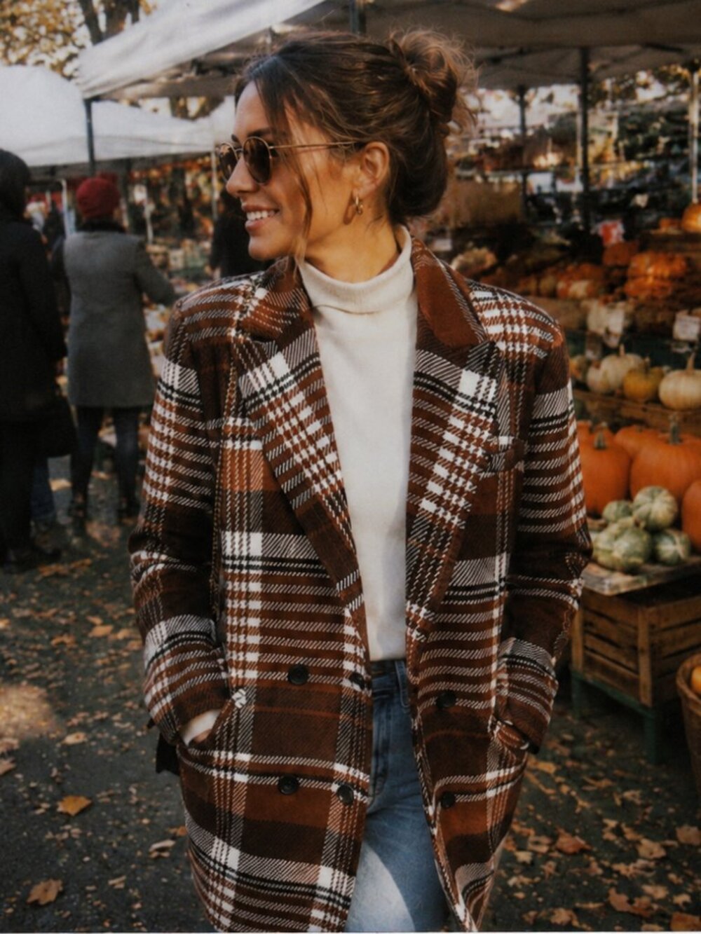 Levi's Double Breasted Wool Blend Blazer L Brown Plaid Heavy Knit Fall Autumn